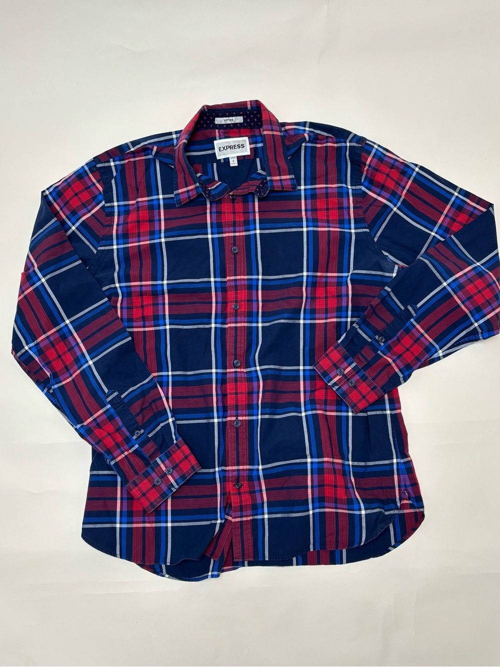 Express Men's 100% cotton 90's Navy and Red Plaid Button-Down Shirt Large Fitted